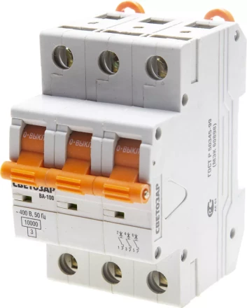 Выключатель автоматический СВЕТОЗАР 3-полюсный, 10 A, &quot;C&quot;, откл. сп. 10 кА, 400 В SV-49073-10-C купить в Муравленко