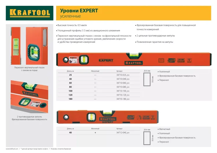 Уровень коробчатый "EXPERT", KRAFTOOL 34710-025, 2 ампулы, 0,5 мм/м, 250мм 34710-025_z01 купить в Муравленко