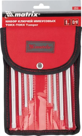 Набор ключей шестигранных имбусовых TORX-TORX Tamper, 9 шт:T10-T50, CrV,  удлиненные, сатин., чехол  MATRIX 12313 купить в Муравленко