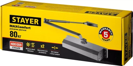 Доводчик дверной STAYER, для дверей массой до 80 кг, цвет коричневый 37917-80 купить в Муравленко