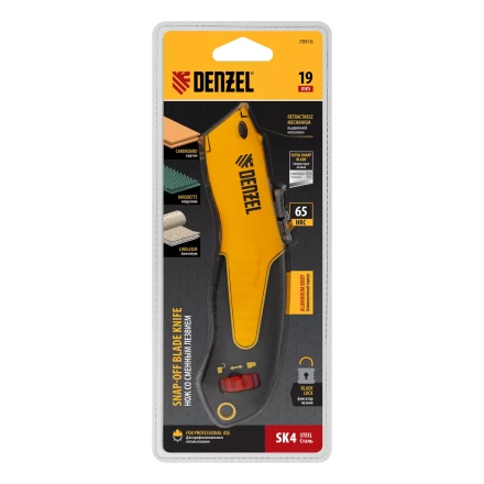 Нож Denzel, 19мм, сменное трапециевидное  лезвие, SK4, алюминиевый корпус, торцевой зажим купить в Муравленко