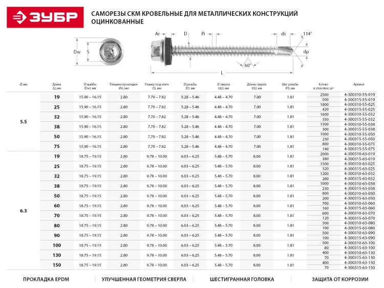 Саморезы ЗУБР "ПРОФЕССИОНАЛ" оцинков., для крепл. кров. матер. к металл. констр., 5.5x25мм, 420шт 4-300315-55-025 купить в Муравленко