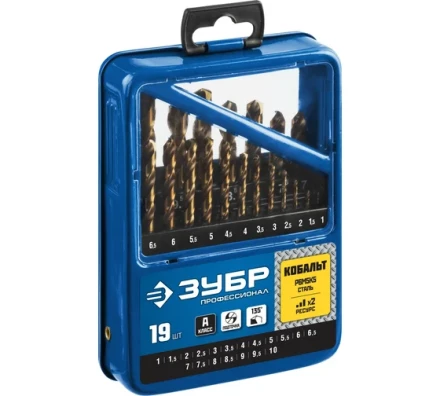 ЗУБР Кобальт, 19 шт, (1-10 мм), сталь Р6М5К5, класс А, мет.бокс, набор сверл по металлу, Профессионал (29626-H19) купить в Муравленко