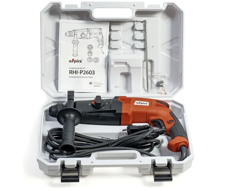 Перфоратор ESPIRA RHI-P2603 (sds plus 220–240В/50 Гц, мощн. 800 Вт, 0-1180 об/м, эн.уд. 3,2 Дж), 400451 купить в Муравленко