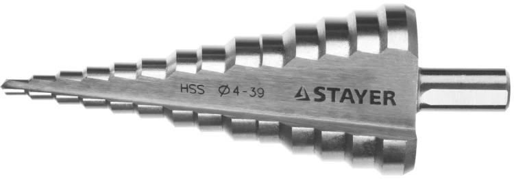 Сверло STAYER "MASTER" ступенчатое по сталям и цвет.мет., сталь HSS, d=4- 39мм,14ступ.d4-39,L -113 мм, трехгран.хв. 10мм 29660-4-39-14 купить в Муравленко