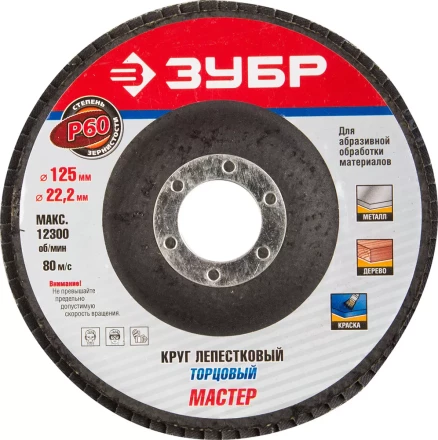 Круг шлифовальный ЗУБР &quot;ЭКСПЕРТ&quot; лепестковый торцевой, тип КЛТ 1, зерно-электрокорунд нормальный, P60, 125х22,2мм 36591-125-60 купить в Муравленко