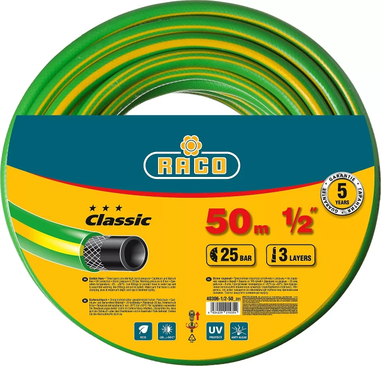 Шланг RACO CLASSIC поливочный, 25атм., армированный, 3-х слойный, 1/2"х50м 40306-1/2-50_z01 купить в Муравленко