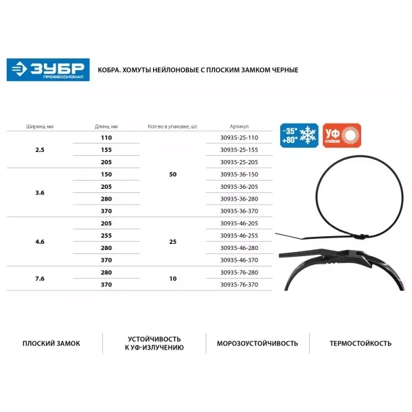 Кабельные стяжки черные КОБРА, с плоским замком, 3.6 х 205 мм, 50 шт, нейлоновые, ЗУБР 30935-36-205 купить в Муравленко