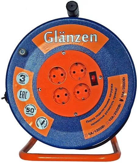 Удлинитель силовой на катушке GLANZEN 4 гн. КГ 3х1,5 ЕВ-50-009 купить в Муравленко