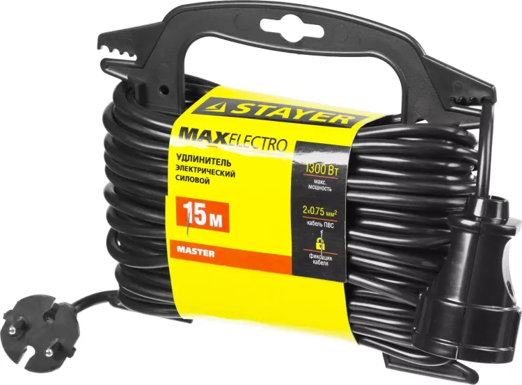 Удлинитель электрический "MAXElectro" на маленькой рамке, 15 м, 1 гнездо, STAYER 55014-15 купить в Муравленко