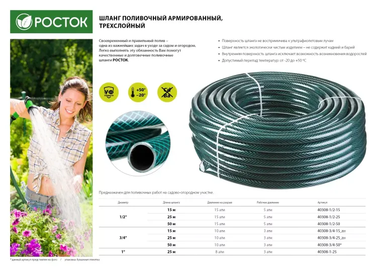 Шланг РОСТОК КЛАССИК поливочный, 10 атм., армированный, 3-х слойный, 3/4"x25м 40308-3/4-25_z01 купить в Муравленко