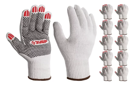 ЗУБР ОПТИМА, XL (10), х/б перчатки с ПВХ покрытием (точка), 10 класс, 10 пар (11440-XL10) купить в Муравленко