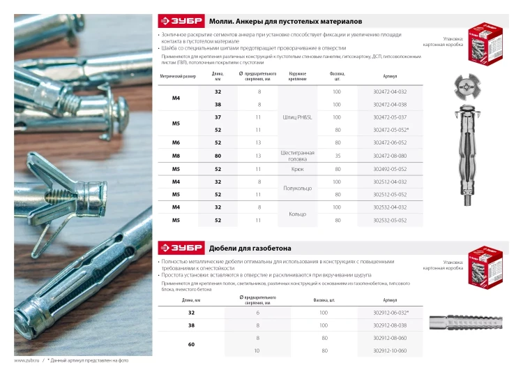 ЗУБР МОЛЛИ, М5 х 52 х 11 мм, 80 шт, анкер с кольцом для пустотелых конструкций (302532-05-052) купить в Муравленко