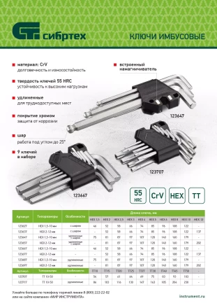Набор ключей имбусовых Torx-Tempered, TT10-50, CrV, 9 шт., удлиненные Сибртех 123717 купить в Муравленко