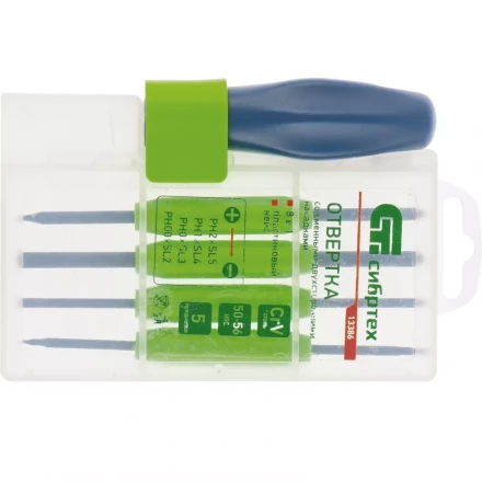 Отвертка со сменными двухсторонними насадками 8 в 1 в пластиковом кейсе CrV Сибртех артикул 13386 купить в Муравленко