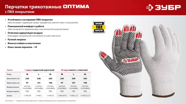 ЗУБР ОПТИМА, М (8), х/б перчатки с ПВХ покрытием (точка), 10 класс (11440-М) купить в Муравленко