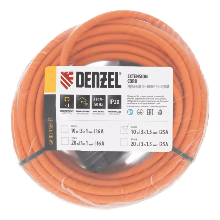 Удлинитель-шнур силовой Denzel Garden Series, ПВС, 10м, 1 розетка 3 x 1,5 мм, 3 м 37407 купить в Муравленко