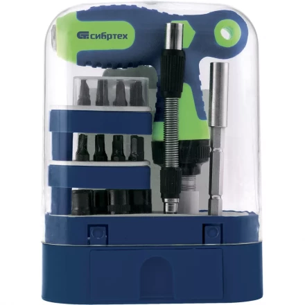 Отвертка Т-образная реверсивная с набором бит торцевых головок 33 предмета CrV Сибртех артикул 13382 купить в Муравленко