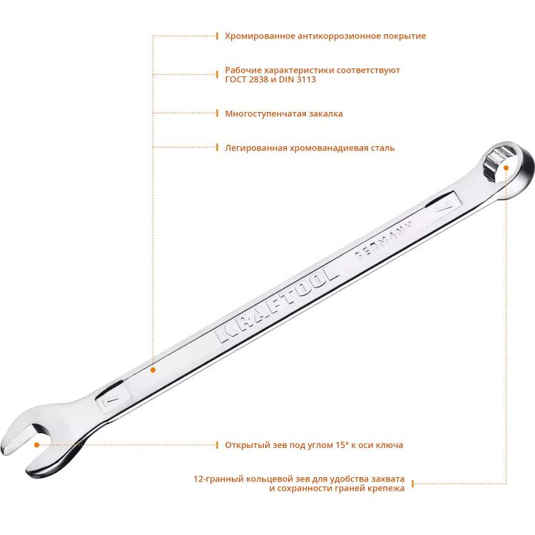Ключи комбинированные KRAFTOOL, Cr-V, DIN 3113 27079-07 купить в Муравленко