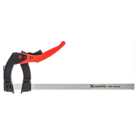 Струбцина реечная быстрозажимная пластиковый корпус рычажно-храповой механизм 300 х 90 х 390 мм штанга 5 х 20 мм Matrix 20738 купить в Муравленко