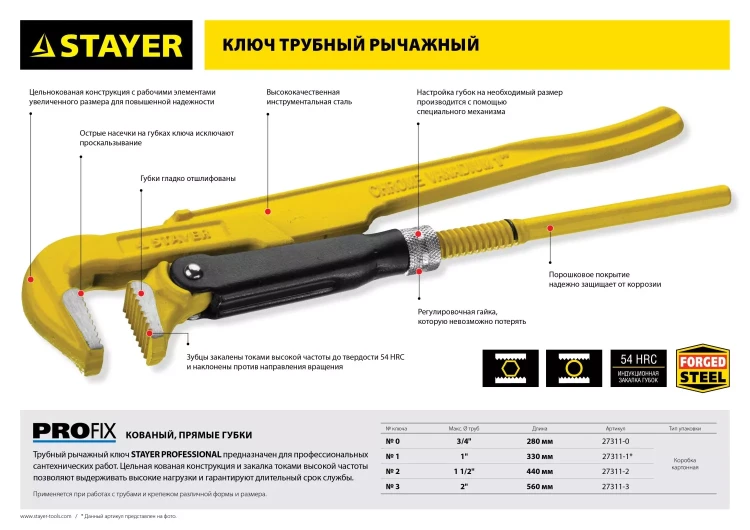 Ключ трубный STAYER "PROFI" рычажный, кованый, прямые губки, № 0, 3/4" 27311-0 купить в Муравленко