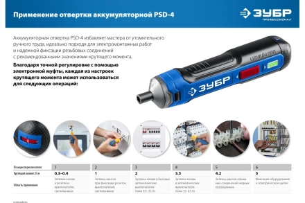 ЗУБР ZUBR GO 4 Vmax, аккумуляторная отвертка, кейс, 33 биты, Профессионал (PSD-4S) купить в Муравленко
