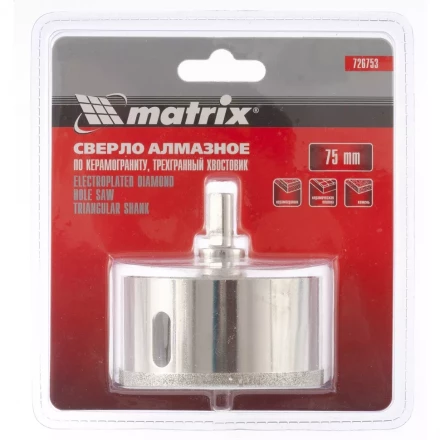 Сверло алмазное по керамограниту 75 х 67 мм 3-гранный хвостовик MATRIX 726753 купить в Муравленко
