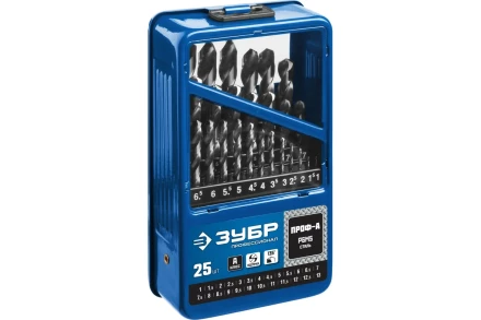 ЗУБР ПРОФ-А, 25 шт, (1-13 мм), сталь Р6М5, класс А, мет.бокс, набор сверл по металлу, Профессионал (29625-H25) купить в Муравленко