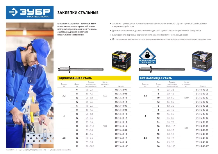 Заклепки ЗУБР из нержавеющей стали, 4,8x8мм, 500шт 31315-48-08 купить в Муравленко