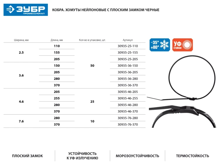 Кабельные стяжки черные КОБРА, с плоским замком, 4.6 х 205 мм, 25 шт, нейлоновые, ЗУБР 30935-46-205 купить в Муравленко