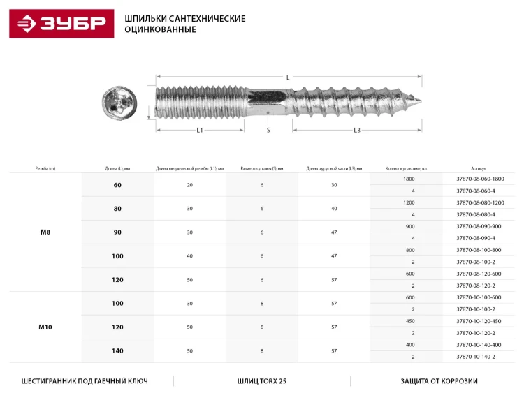 ЗУБР. Шпилька сантехническая, шестигранник, Torx 25, оцинкованная, М8x90мм, 4шт 37870-08-090-4 купить в Муравленко
