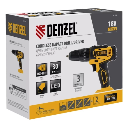 Дрель-шуруповерт аккумуляторная ударная Denzel CID-18-0, Li-Ion, 18 В 26136 купить в Муравленко