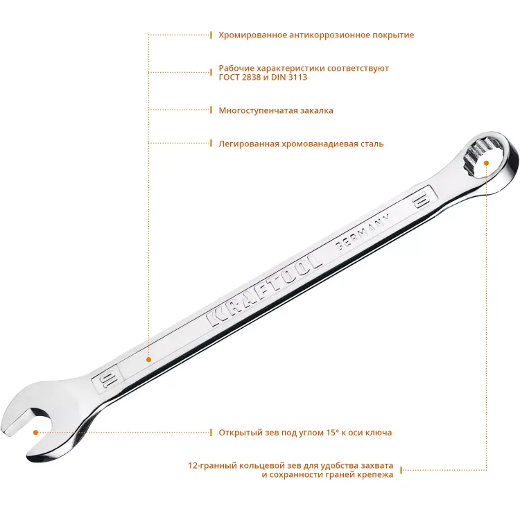 Ключи комбинированные KRAFTOOL, Cr-V, DIN 3113 27079-10 купить в Муравленко