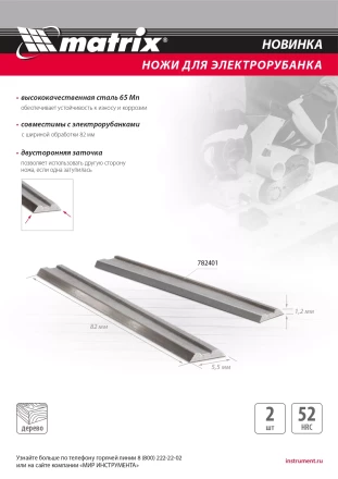 Ножи для эл. рубанка Matrix 782401, 65Mn, 82мм, 2шт купить в Муравленко