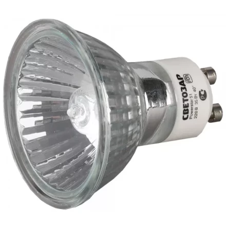 Лампа галогенная СВЕТОЗАР с защитным стеклом, алюм. отражатель, цоколь GU10, диаметр 51мм, 75Вт, 220В SV-44827 купить в Муравленко