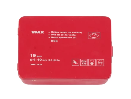 Набор сверл для металла HSS Ф1-10 мм шаг 0,5 мм 19 штук металлический футляр VMX 511623 купить в Муравленко
