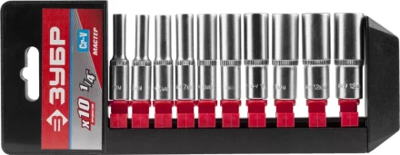 Набор ЗУБР &quot;МАСТЕР&quot;: Торцовые головки (1/4&quot;) удлиненные на пластиковом рельсе, Cr-V, 4-13мм, 10 предметов 27657-H10 купить в Муравленко