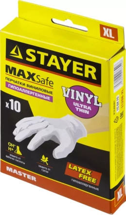 Перчатки STAYER &quot;MASTER&quot; виниловые экстратонкие, XL, 10шт 11208-XL купить в Муравленко