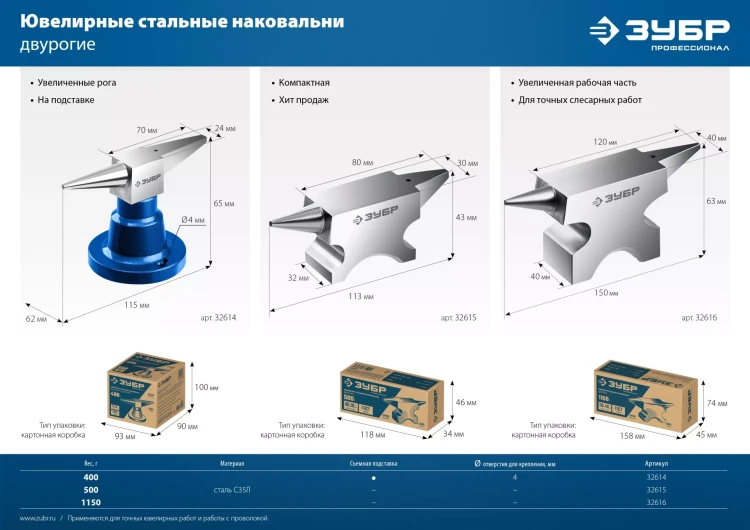 ЗУБР 1150 г, ювелирная стальная наковальня, Профессионал (32616) купить в Муравленко
