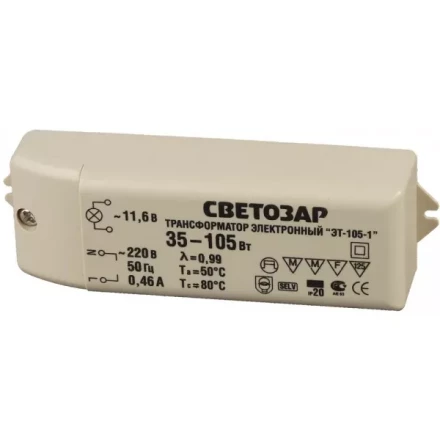 Трансформатор СВЕТОЗАР электронный для галогенных ламп напряжением 12В, вход/выход с одной стороны, 35-105Вт SV-44961 купить в Муравленко