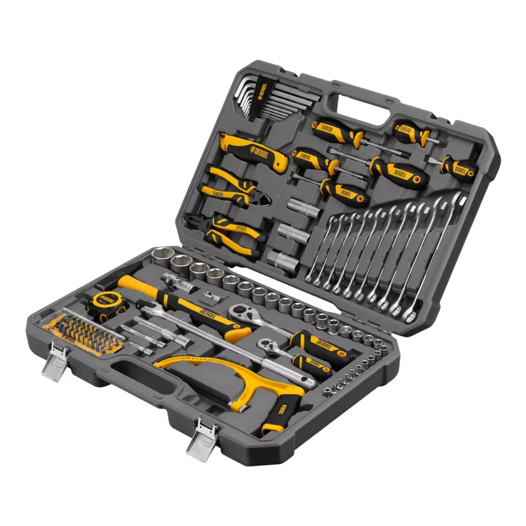 Набор инструментов Denzel 15803, 1/2", 1/4", CrV, S2, пластиковый кейс, 100 предметов купить в Муравленко