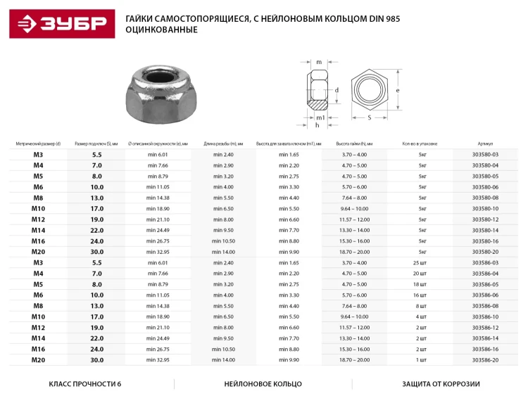Гайка шестигранная, DIN 985, самостопорящаяся, с нейлоновым кольцом, кл. пр. 8, оцинкованная, M16, 100 шт, KRAFTOOL 303584-16 303584-16 купить в Муравленко