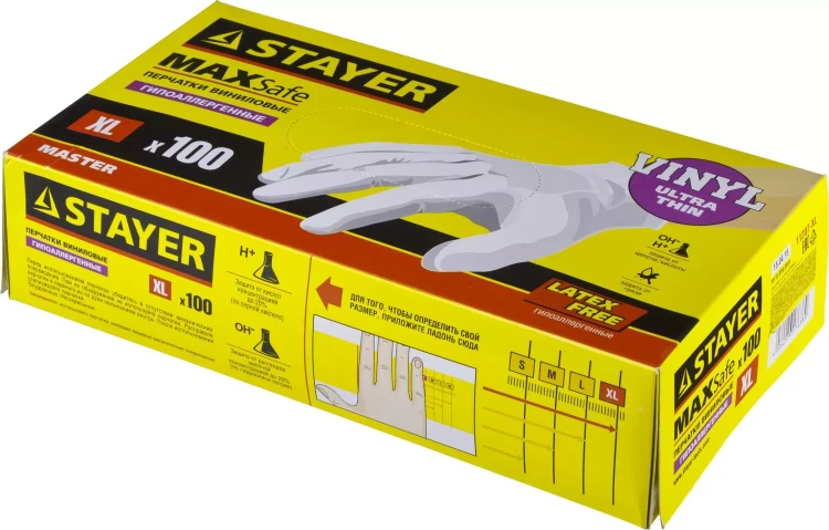 Перчатки STAYER "MASTER" виниловые экстратонкие, XL, 100шт 11207-XL купить в Муравленко