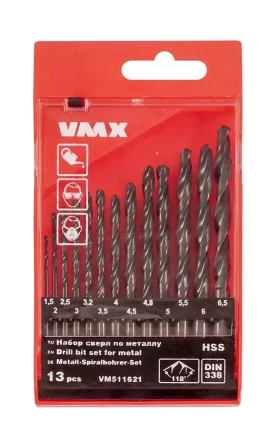 Набор сверл для металла HSS Ф1,5-6,5 мм 13 штук пластиковый футляр VMX 511621 купить в Муравленко