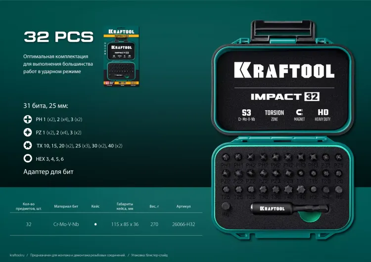 Набор ударных торсионных бит KRAFTOOL Impact, Cr-Mo-V-Nb сталь 26066-H32 купить в Муравленко