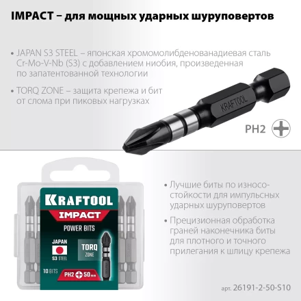 Биты для ударных шуруповертов KRAFTOOL Impact Pro PH 26191-2-50-S10 купить в Муравленко