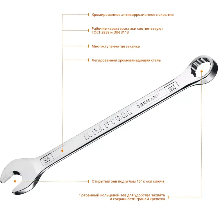 Ключи комбинированные KRAFTOOL, Cr-V, DIN 3113 27079-15 купить в Муравленко