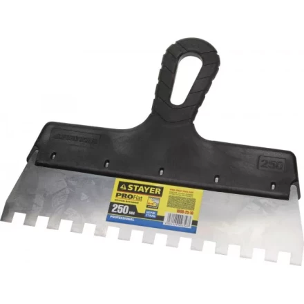 Шпатель STAYER &quot;PROFESSIONAL&quot; нержавеющий зубчатый с пластмассовой ручкой, 250мм, зуб 10х10мм 1009-25-10 купить в Муравленко
