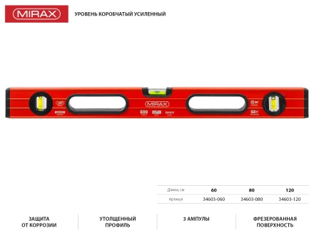 Уровень коробчатый усиленный MIRAX, фрезерованная поверхность, утолщенный профиль, 3 противоударных ампулы (1 поворотная на 360 град), с ручками, 60 см 34603-060 купить в Муравленко