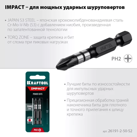 Биты для ударных шуруповертов KRAFTOOL Impact Pro PH 26191-2-50-S2 купить в Муравленко
